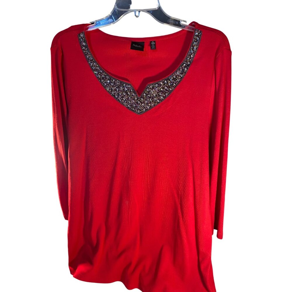 Red Rafaella XL Beaded V-Neck Long-Sleeve Top